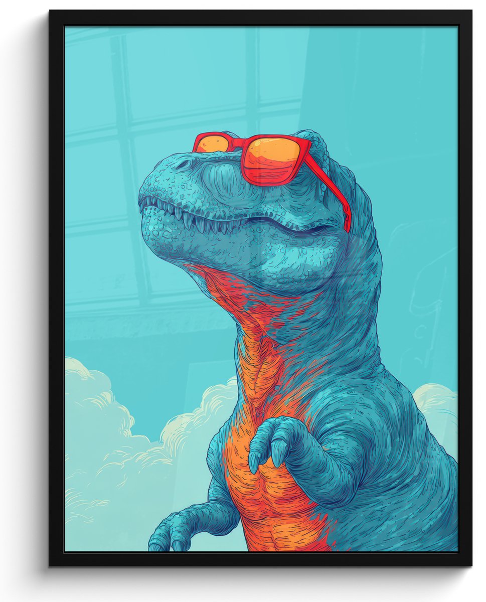 FrameYourWall Poster in lijst - Fotolijst 60x80 cm - Posters - T-Rex - Blauw - Wolken - Zonnebril - Posterlijst zwart - Decoratie - Wanddecoratie woonkamer - Muurdecoratie slaapkamer Dinosaurus - Wolken - Zonnebril
