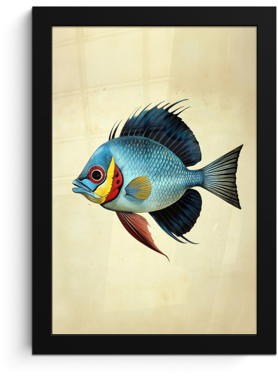 FrameYourWall Poster in lijst - Fotolijst 20x30 cm - Posters - Blauw - Kieuwen - Vis - Illustratie - Posterlijst zwart - Decoratie - Wanddecoratie woonkamer - Muurdecoratie slaapkamer Vis - Kieuwen