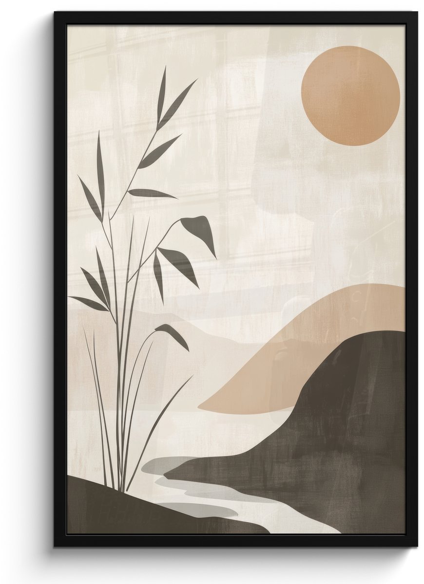 FrameYourWall Poster in lijst - Fotolijst 60x90 cm - Posters - Japandi - Landschap - Beige - Posterlijst zwart - Decoratie - Wanddecoratie woonkamer - Muurdecoratie slaapkamer Natuur