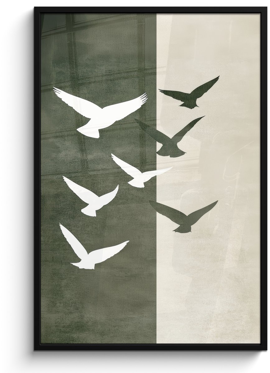 FrameYourWall Poster in lijst - Fotolijst 80x120 cm - Posters - Japandi - Vogel - Groen - Posterlijst zwart - Decoratie - Wanddecoratie woonkamer - Muurdecoratie slaapkamer Vogels