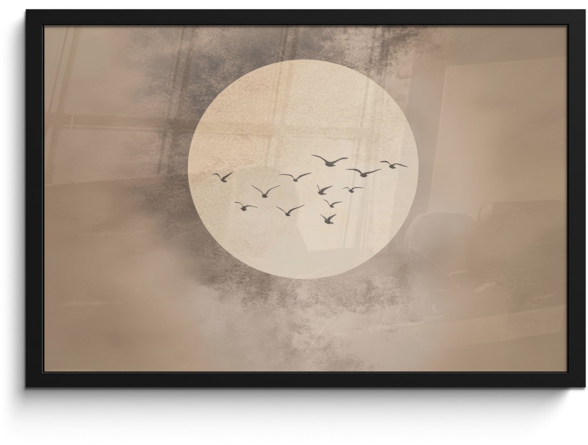 FrameYourWall Poster in lijst - Fotolijst 60x40 cm - Posters - Vogel - Beige - Japandi - Posterlijst zwart - Decoratie - Wanddecoratie woonkamer - Muurdecoratie slaapkamer Japandi - Vogels