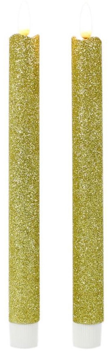 Magic Flame Dinerkaarsen - LED - 4x stuks - goud - 25 cm - met glitters - Woondecoratie - Elektrische kaarsen - warm wit