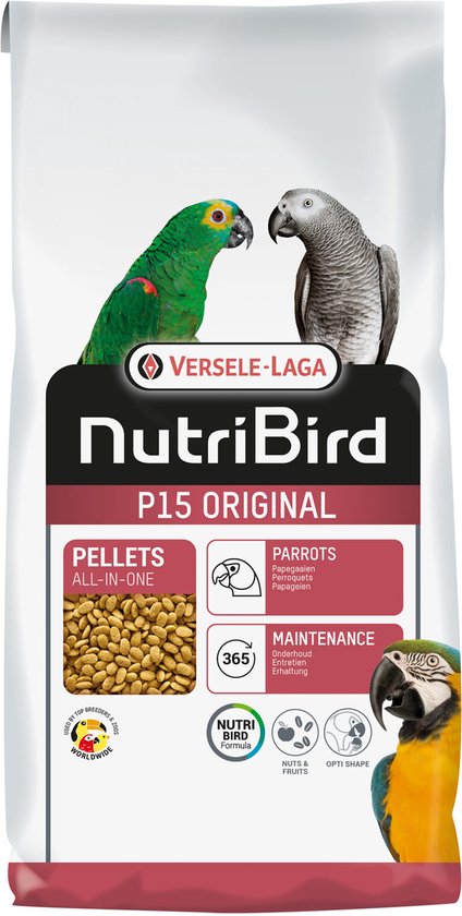 NutriBird P15 Original verpakking met afbeeldingen van papegaaien en een ara.