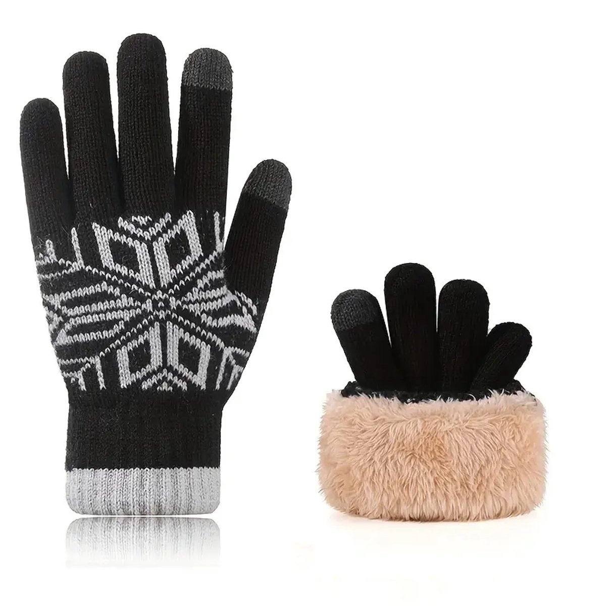 Dubbellaagse gebreide handschoenen voor heren, warme en koudebestendige jacquard touchscreen handschoenen voor herfst en winter, plus fluwelen en dikke touchscreen handschoenen (zwart)