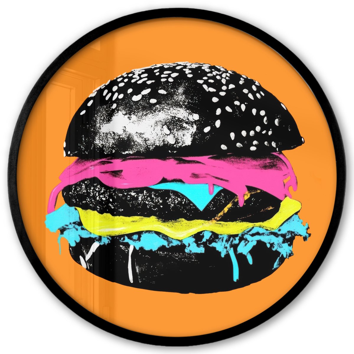 FrameYourWall Poster in lijst Rond - Fotolijst 40x40 cm - Posters - Hamburger - Oranje - Neon - popart - Ronde posterlijst zwart - Decoratie - Wanddecoratie woonkamer - Muurdecoratie slaapkamer Hamburger - popart