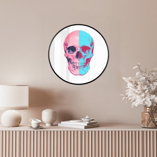 Poster in lijst Rond - Fotolijst 40x40 cm - Posters - Schedel - Grafisch - Roze - Verdeeld - Ronde posterlijst zwart - Decoratie - Wanddecoratie woonkamer - Muurdecoratie slaapkamer