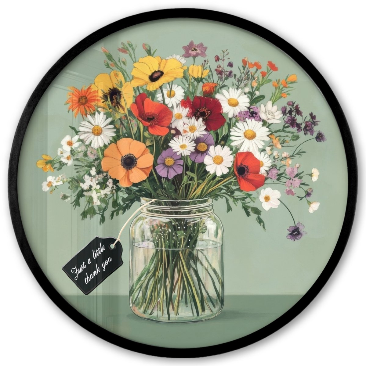 FrameYourWall Poster in lijst Rond - Fotolijst 40x40 cm - Posters - Bloemen - Vaas - Kaartje - Ronde posterlijst zwart - Decoratie - Wanddecoratie woonkamer - Muurdecoratie slaapkamer Boeket - Kaartje