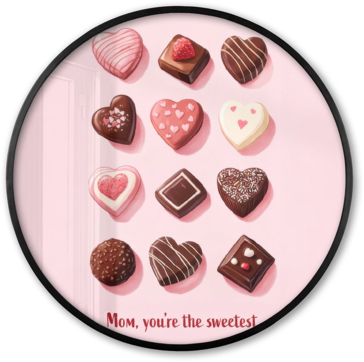 FrameYourWall Poster in lijst Rond - Fotolijst 80x80 cm - Posters - Chocolaatjes - Hartvormig - Liefste - Ronde posterlijst zwart - Decoratie - Wanddecoratie woonkamer - Muurdecoratie slaapkamer Chocolaatjes - Hartjes - Tekst