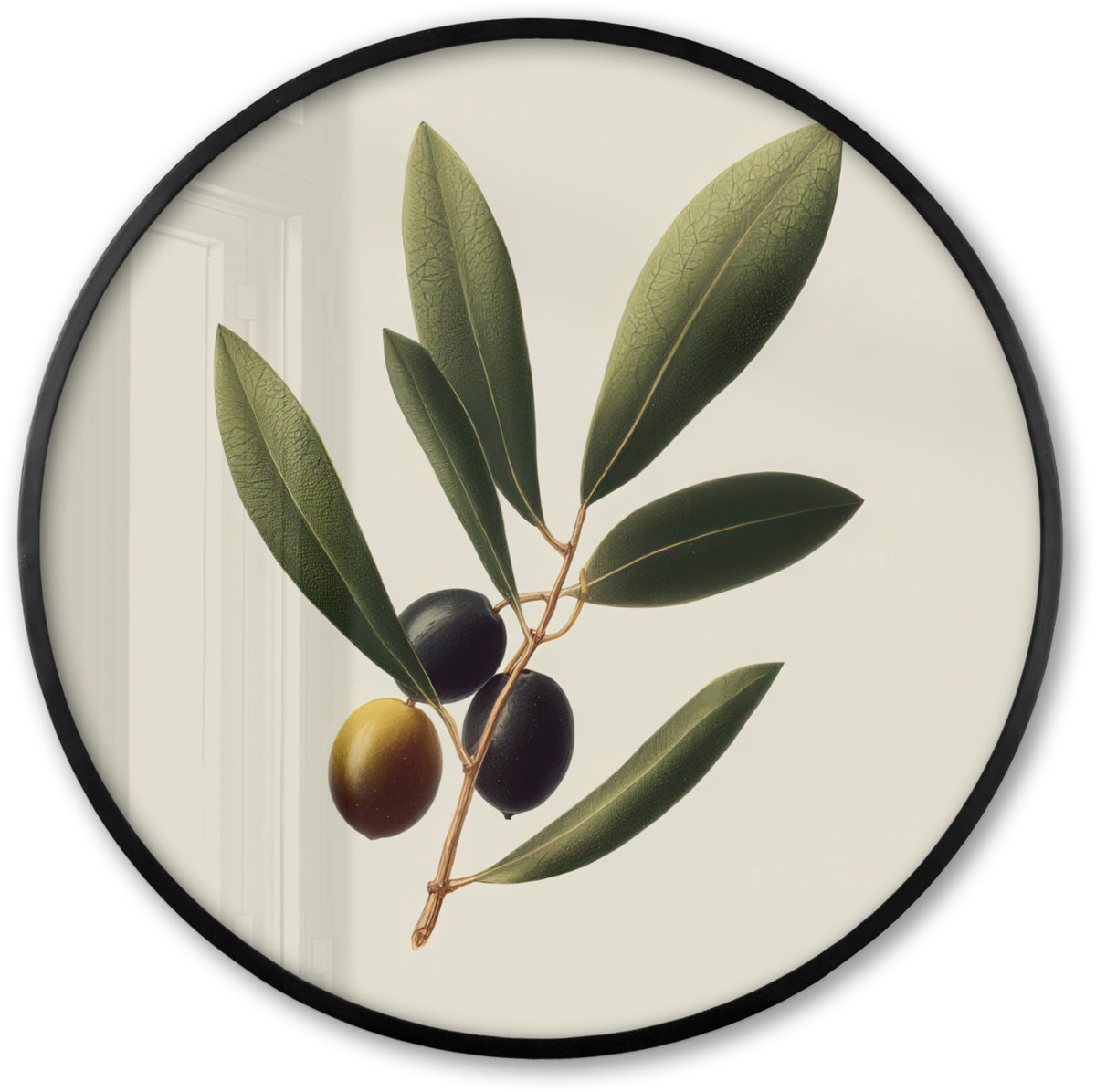 FrameYourWall Poster in lijst Rond - Fotolijst 80x80 cm - Posters - Olijftak - Donkergroen - Olijven - Ronde posterlijst zwart - Decoratie - Wanddecoratie woonkamer - Muurdecoratie slaapkamer