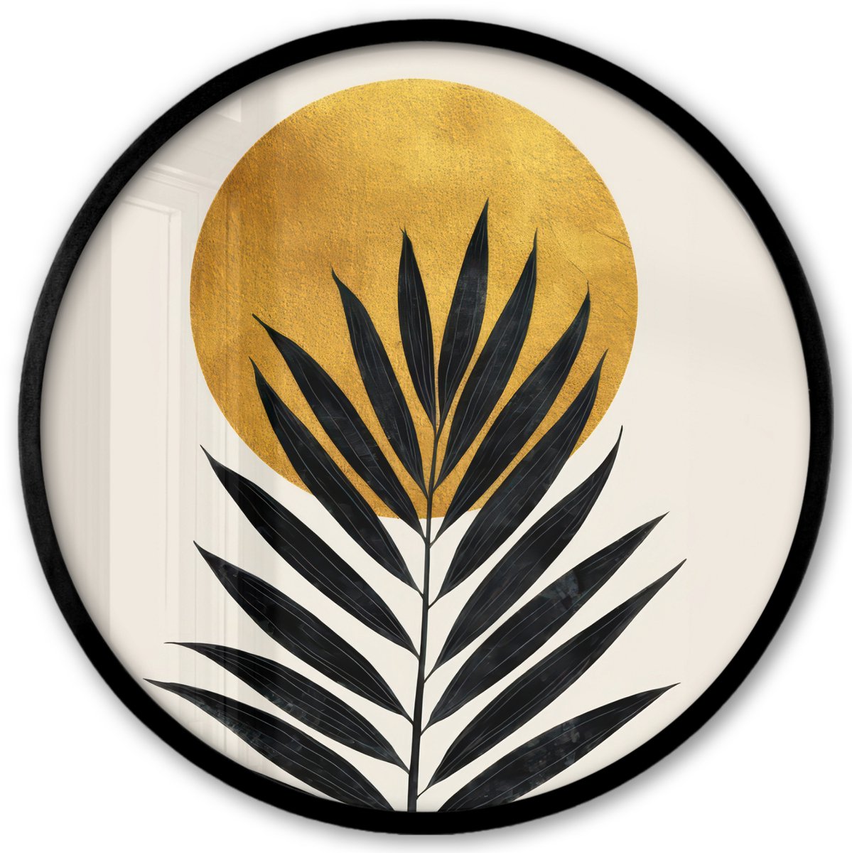 FrameYourWall Poster in lijst Rond - Fotolijst 40x40 cm - Posters - Zwart palmblad - Gouden cirkel - Beige achtergrond - Ronde posterlijst zwart - Decoratie - Wanddecoratie woonkamer - Muurdecoratie slaapkamer Palmblad - Cirkel