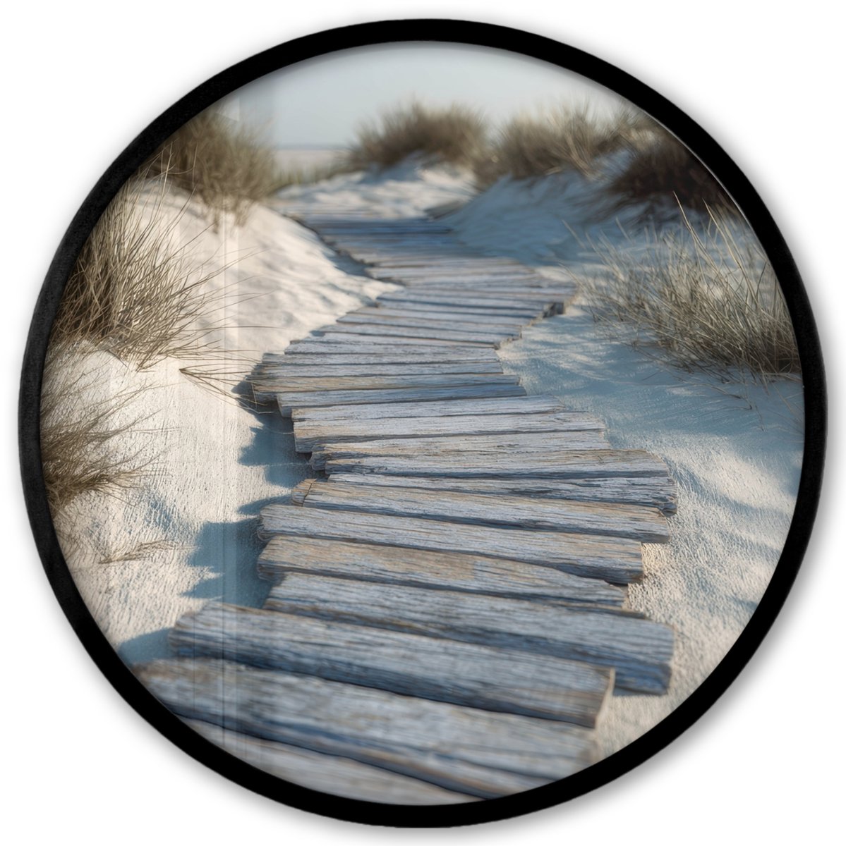 FrameYourWall Poster in lijst Rond - Fotolijst 40x40 cm - Posters - Pad - Planken - Duinen - Gras - Ronde posterlijst zwart - Decoratie - Wanddecoratie woonkamer - Muurdecoratie slaapkamer Pad - Duinen