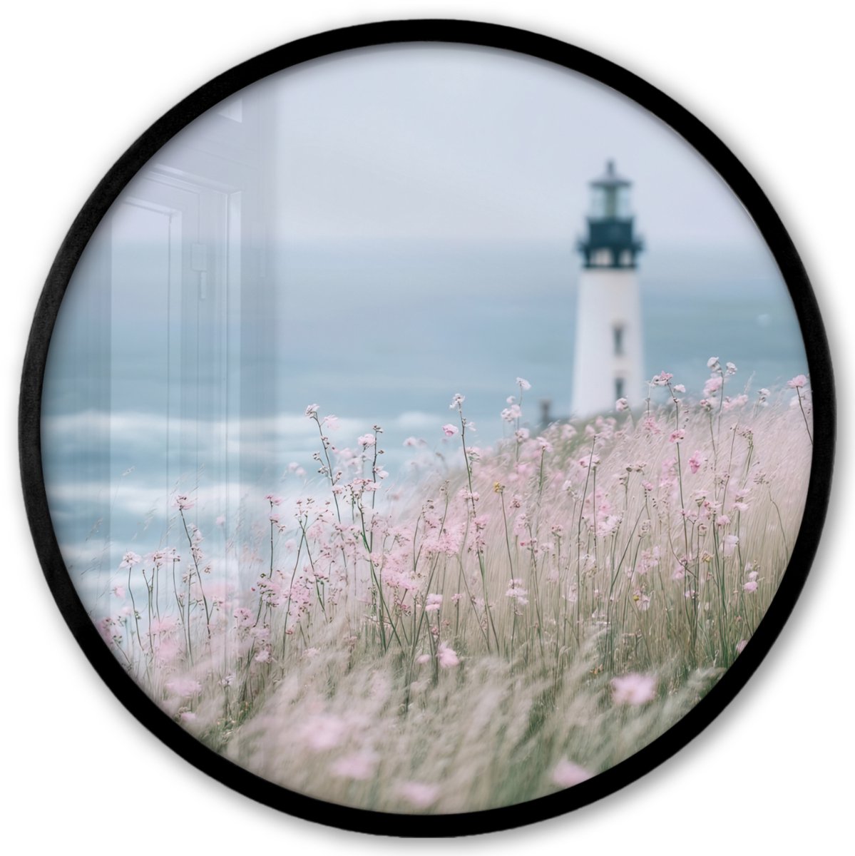 FrameYourWall Poster in lijst Rond - Fotolijst 40x40 cm - Posters - Vuurtoren - Klif - Zee - Bloemen - Ronde posterlijst zwart - Decoratie - Wanddecoratie woonkamer - Muurdecoratie slaapkamer Vuurtoren - Zee - Bloemen