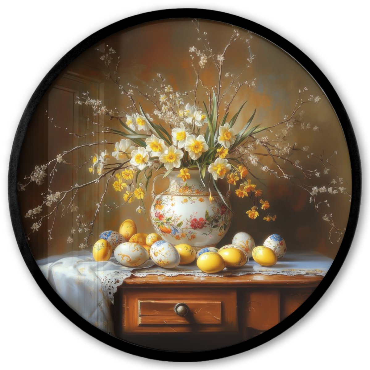 FrameYourWall Poster in lijst Rond - Fotolijst 40x40 cm - Posters - Paaseieren - Stilleven - Vaas - Ronde posterlijst zwart - Decoratie - Wanddecoratie woonkamer - Muurdecoratie slaapkamer Stilleven - Vintage
