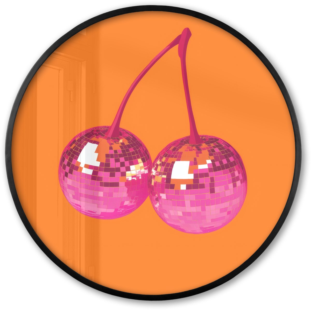 FrameYourWall Poster in lijst Rond - Fotolijst 60x60 cm - Posters - Discoballen - Kers - Spiegels - Roze - Ronde posterlijst zwart - Decoratie - Wanddecoratie woonkamer - Muurdecoratie slaapkamer Discoballen - Kersen