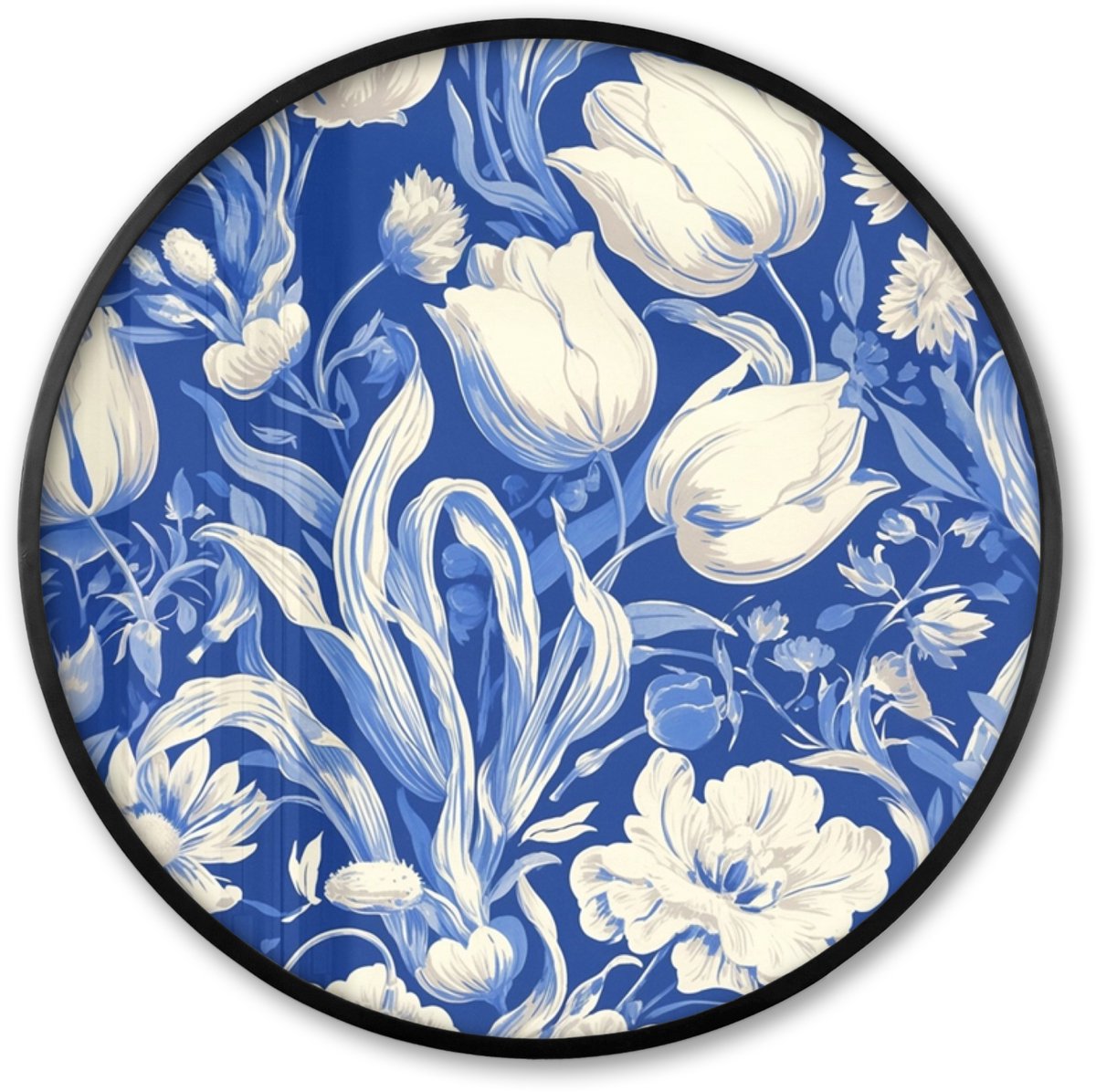 FrameYourWall Poster in lijst Rond - Fotolijst 60x60 cm - Posters - Bloemen - Delfts Blauw - Patroon - Tulp - Ronde posterlijst zwart - Decoratie - Wanddecoratie woonkamer - Muurdecoratie slaapkamer Bloemen - Tulpen