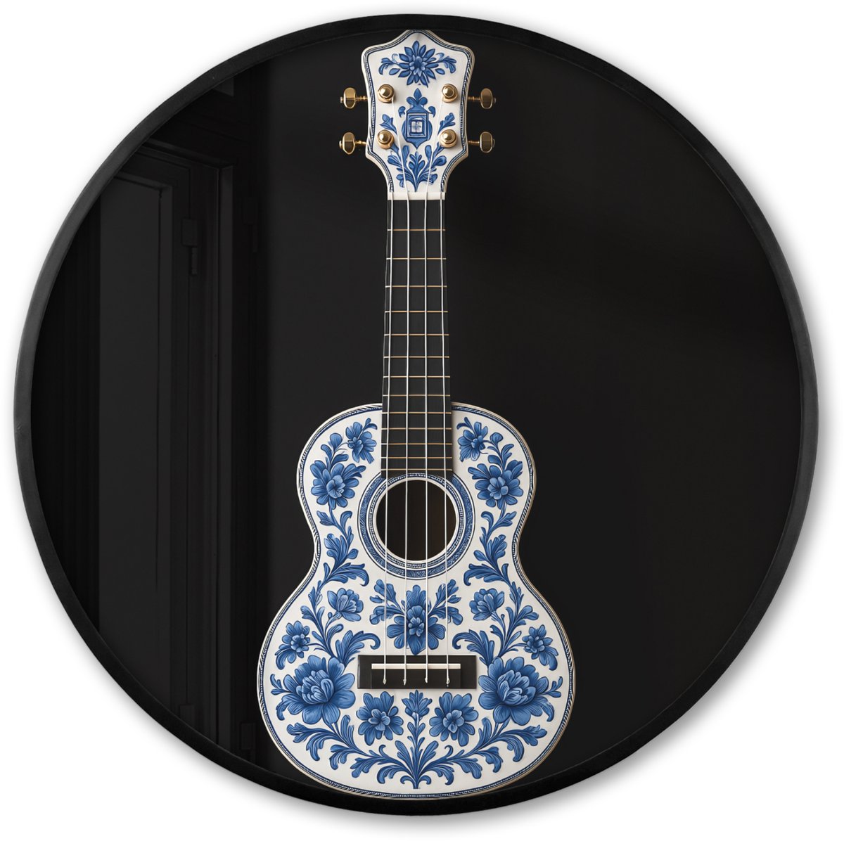 FrameYourWall Poster in lijst Rond - Fotolijst 60x60 cm - Posters - Ukelele - Delfts - Blauw - Muziek - Ronde posterlijst zwart - Decoratie - Wanddecoratie woonkamer - Muurdecoratie slaapkamer Gitaar