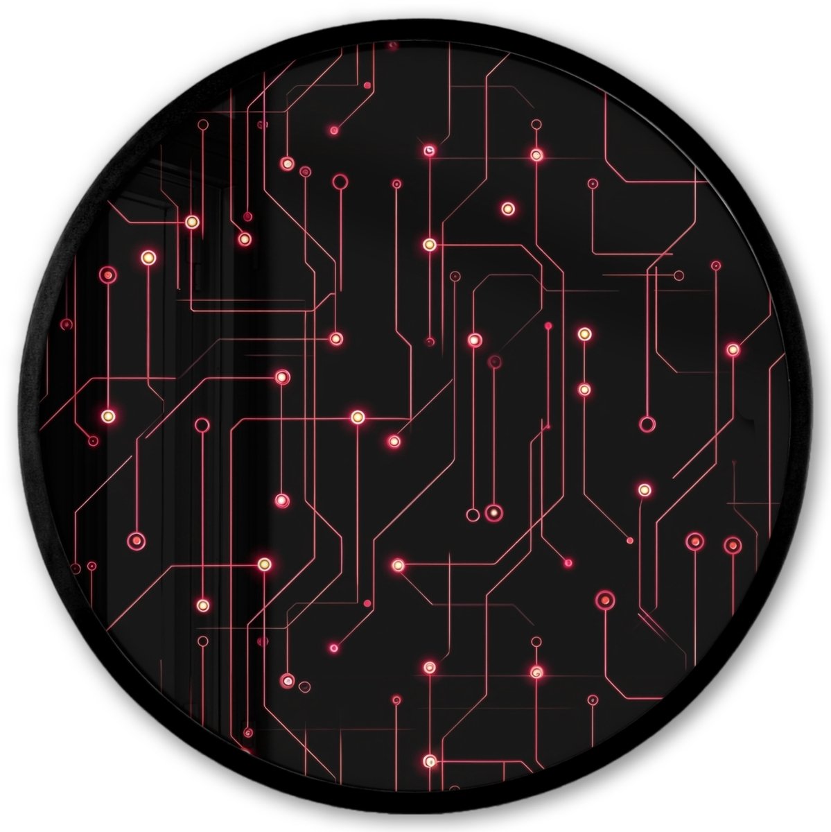 FrameYourWall Poster in lijst Rond - Fotolijst 40x40 cm - Posters - Gaming - Lijnen - Netwerk - Stippen - Rood - Ronde posterlijst zwart - Decoratie - Wanddecoratie woonkamer - Muurdecoratie slaapkamer