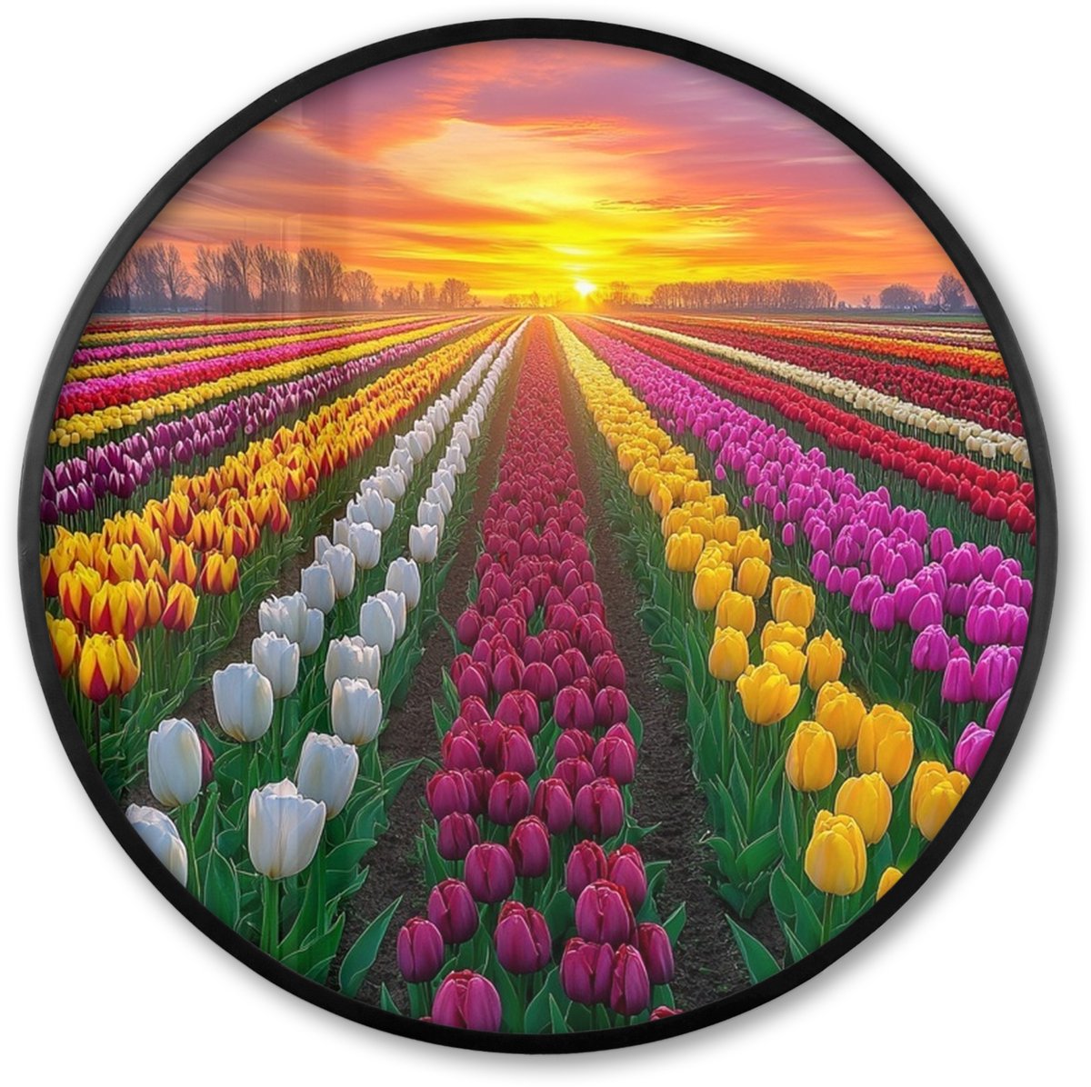 FrameYourWall Poster in lijst Rond - Fotolijst 80x80 cm - Posters - Tulpenveld - Zonsondergang - Kleurrijk - Ronde posterlijst zwart - Decoratie - Wanddecoratie woonkamer - Muurdecoratie slaapkamer Tulpen - Kleurrijk
