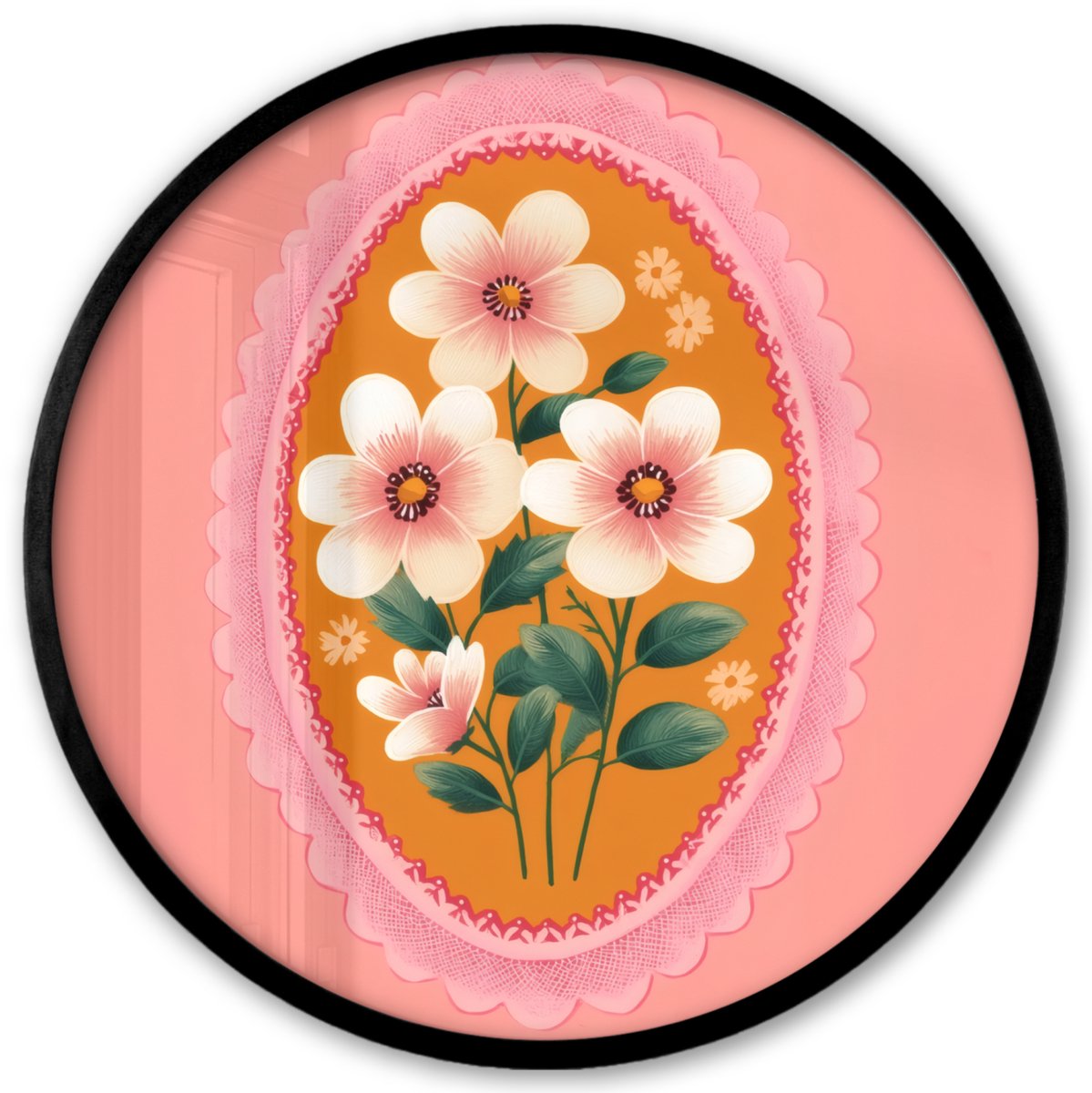 FrameYourWall Poster in lijst Rond - Fotolijst 40x40 cm - Posters - Illustratie - Bloemen - Rand - Roze - Ronde posterlijst zwart - Decoratie - Wanddecoratie woonkamer - Muurdecoratie slaapkamer