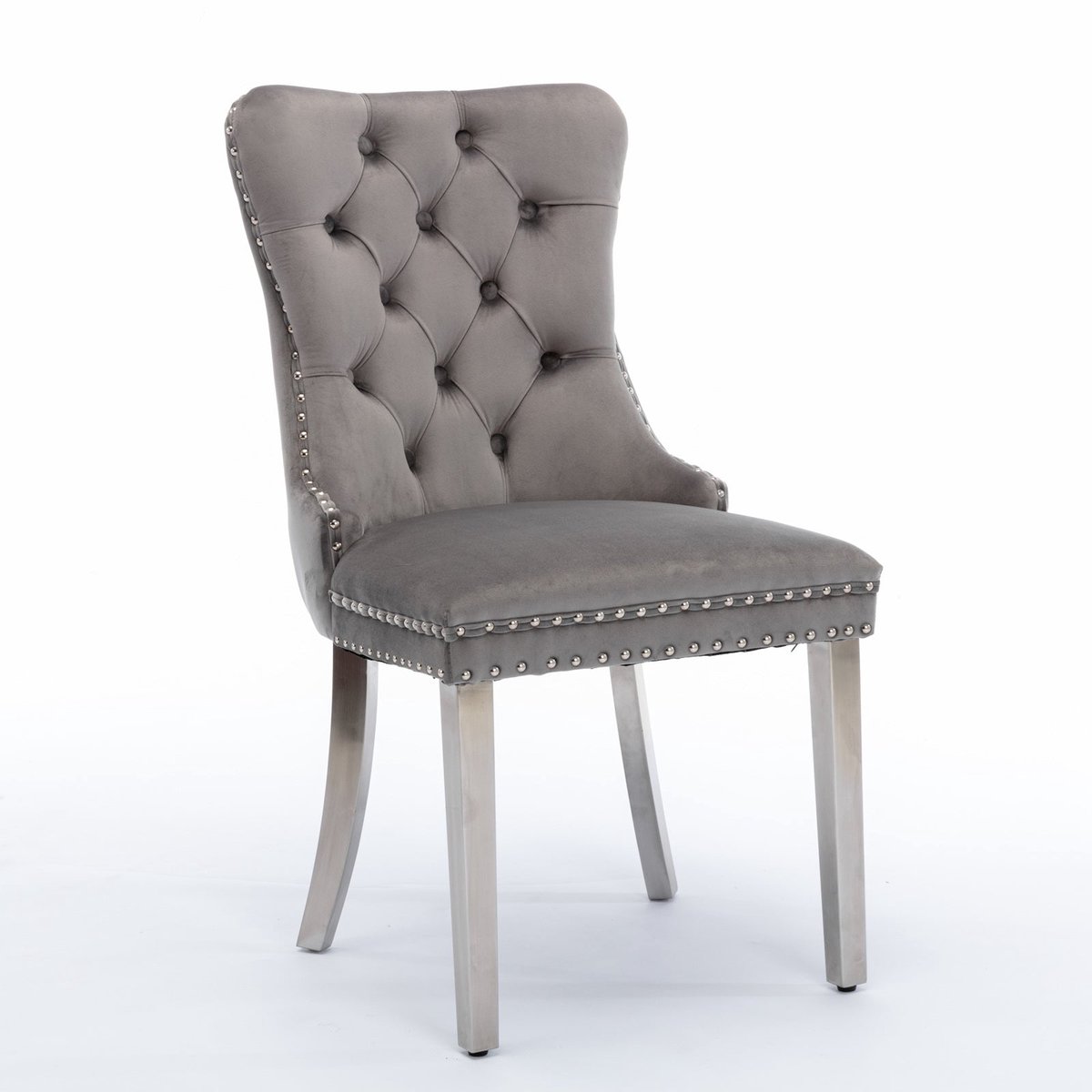 Merax Nikki Collection Eetkamerstoelen - Set van 2 - Luxe Fluwelen Stoelen met Hoge Rugleuning - Grijze Bekleding - Chroom Stalen Poten - Klassiek Design met Nagelstuds