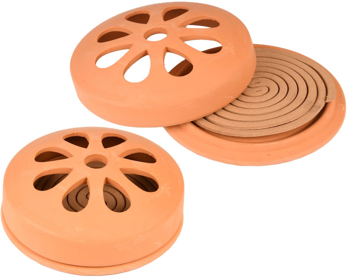Terracotta houder met citronella spiralen - 2x stuks - D15 cm - muggen werend