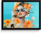 Affiche encadrée - Cadre photo 40x30 cm - Posters - Fleurs - Femme - Lunettes de soleil - Blauw - Cadre noir - Décoration - Décoration murale salon - Décoration murale chambre