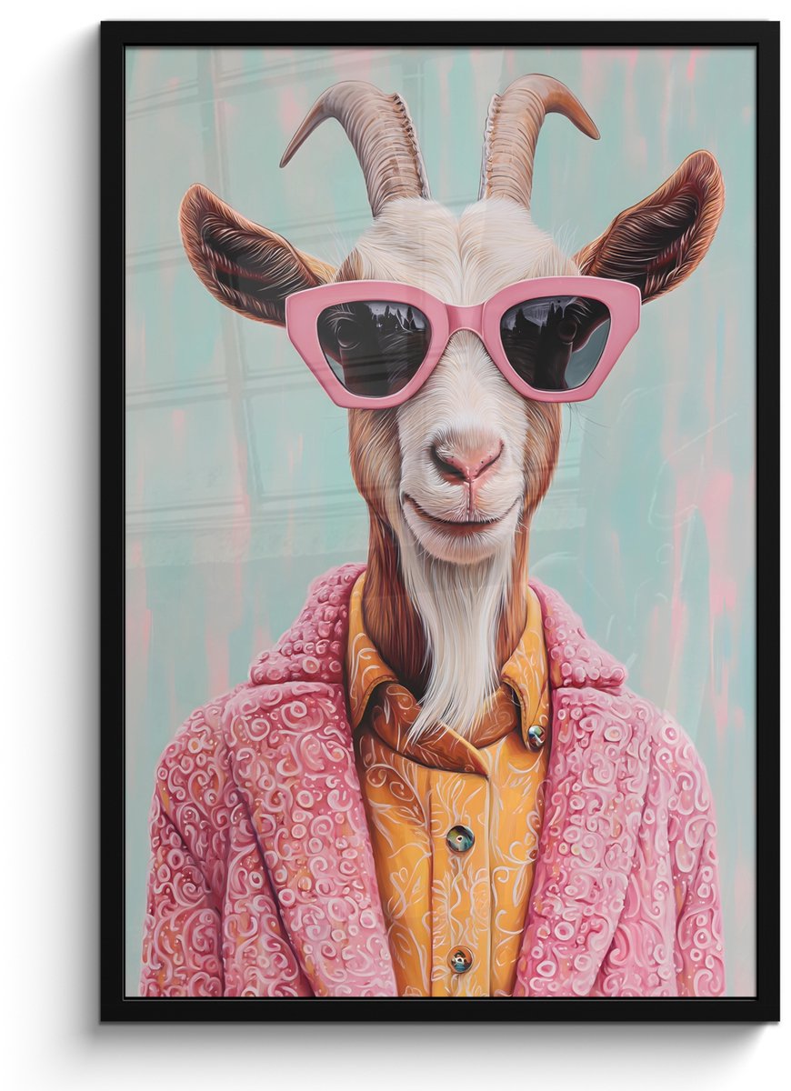 FrameYourWall Poster in lijst - Fotolijst 60x90 cm - Posters - Zonnebril - Roze - Geit - Horen - Posterlijst zwart - Decoratie - Wanddecoratie woonkamer - Muurdecoratie slaapkamer
