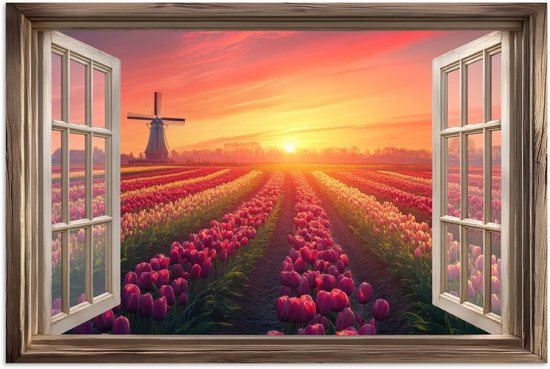 Poster 60x40 cm - Doorkijk - Tulpen - Zonsondergang - Bloemen - Kleurrijk - Posters - Kamer decoratie - Wanddecoratie woonkamer - Muurdecoratie slaapkamer