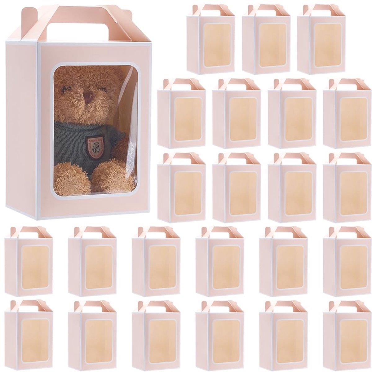24 Stuks Kraftpapieren Cadeauzakjes - 25 x 18 x 13 cm - Met Transparant Venster - Roze
