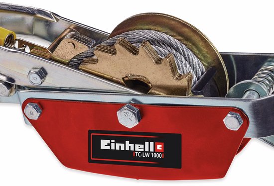 Een metalen trommel met staalkabel en het Einhell TC-LW 1000 logo op een rood vlak.