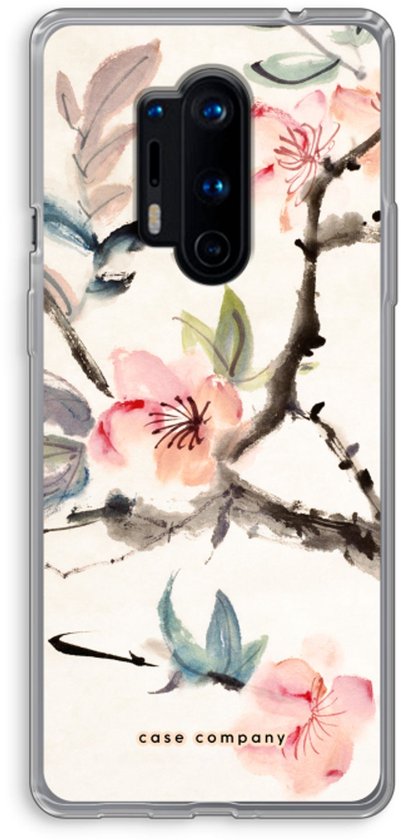 Achterkant van een telefoon met een doorzichtige hoes, bedekt met een aquarelprint van bloeiende takken.