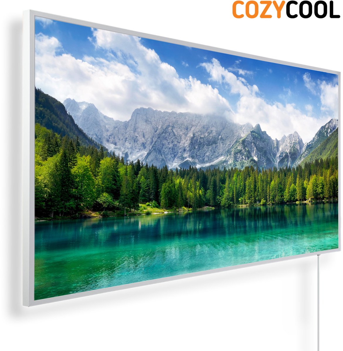 Infraroodpaneel met afbeelding | Prachtig turquoise meer bos en bergen | 1200 Watt | Witte lijst | Infrarood verwarmingspaneel | Infrarood paneel | Infrarood verwarming