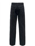 Achterkant van een zwarte jeans met rechte pijpen, met twee achterzakken.