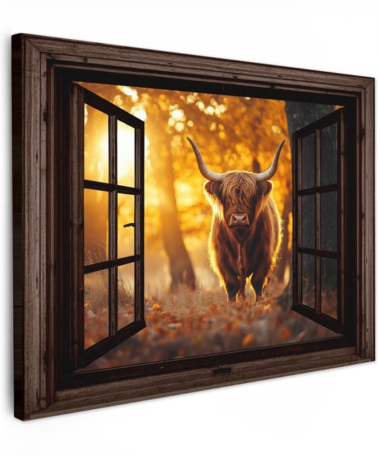 Tuinschilderij voor buiten 100x70 cm - Tuindecoratie Schotse hooglander - Bos - Herfst - Dieren - Natuur - Bladeren - Doorkijk - Tuinposter op canvas - Tuin muurdecoratie - Buitenschilderij decoratie - Schutting wanddecoratie - Buitencanvas