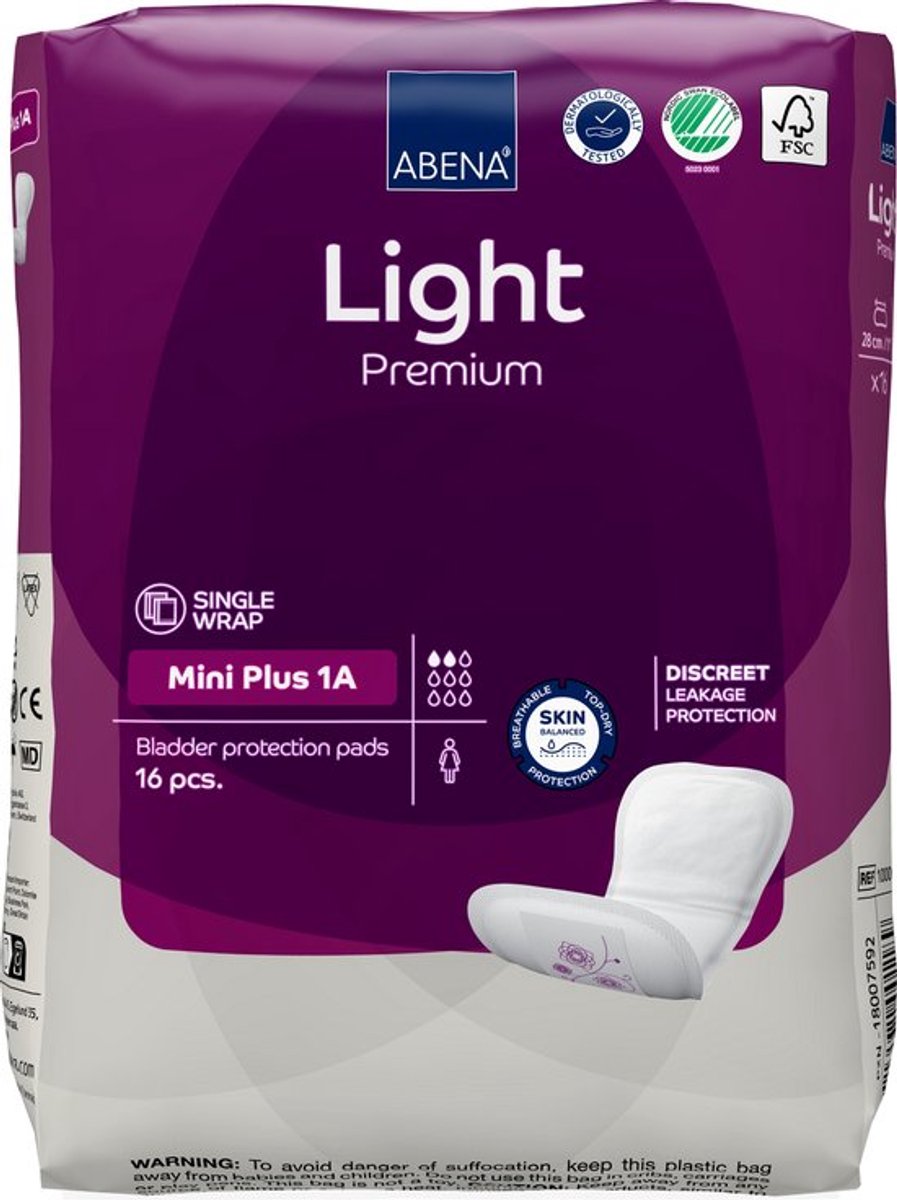 ABENA Light Premium Mini Plus - 16x Incontinentie Verband Dames en Heren - Inlegverband voor Licht tot Matig Urineverlies - 10x28cm / 200ml