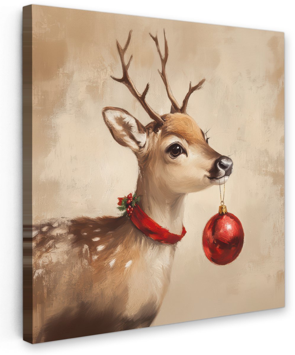 Tuinschilderij voor buiten 70x70 cm - Tuindecoratie Kerst - Hert - Gewei - Kerstbal - Rendier - Tuinposter op canvas - Tuin muurdecoratie - Buitenschilderij decoratie - Schutting wanddecoratie - Buitencanvas
