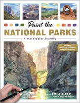 Boekomslag 'Paint the National Parks', met een aquarel van een kloof en een hand met een penseel. Bevat ook vier kleine aquarelillustraties van nationale parken.