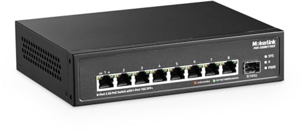 8 poorten 2.5G PoE Switch met 10G SFP+ slot en fanloze behuizing