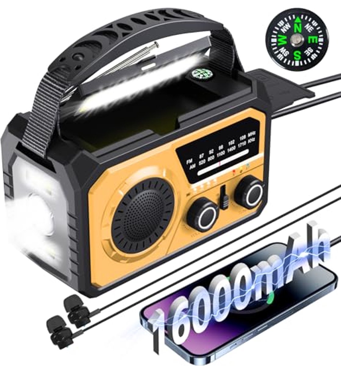 Draagbare Solar Noodradio met Kompas, USB Telefoonlader, Zaklamp en SOS-alarm voor Kamperen en Wandelen