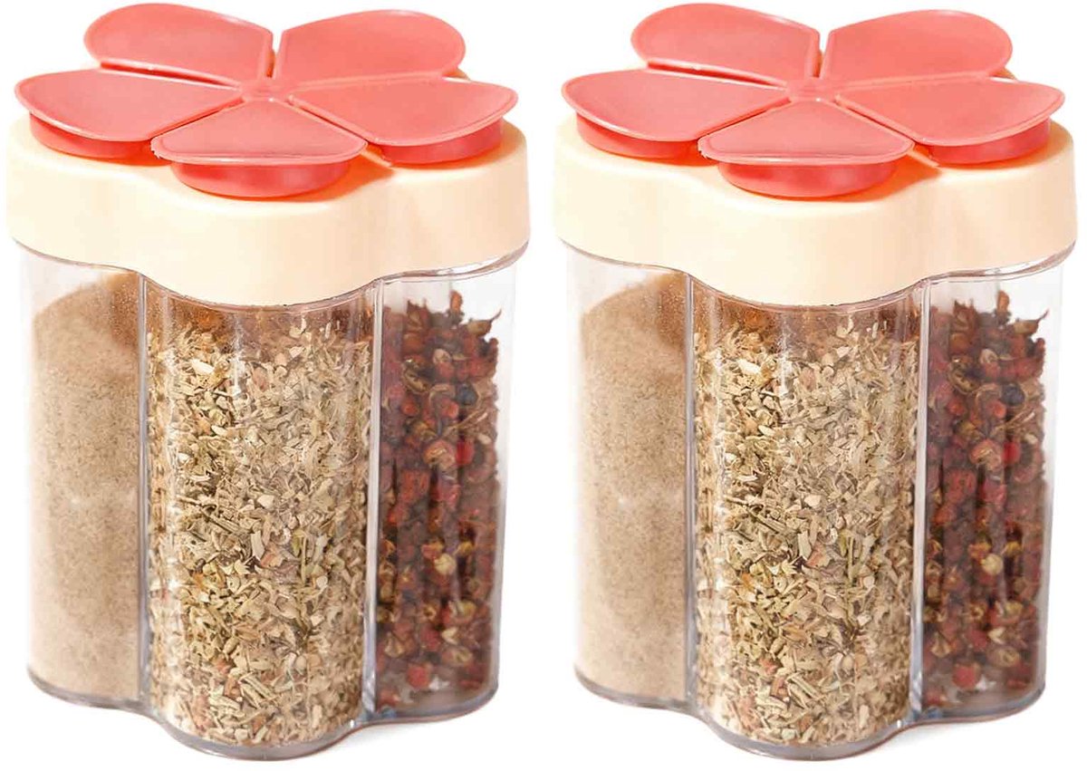longziming -2x 5-in-1 Kruidenpot – Transparante Specerijencontainer van Hoogwaardig PP – Multifunctionele Keuken Kruidenhouder voor Zout, Peper, Suiker & Meer – 11x9 cm – Rood