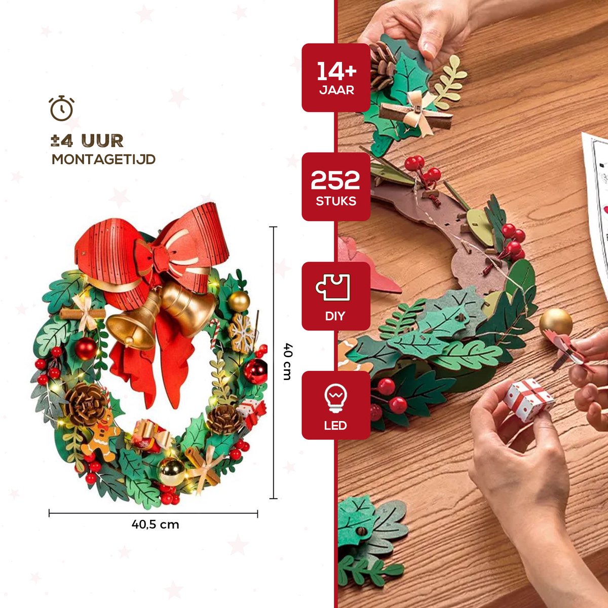 DIY Houten Kerstkrans met LED Verlichting – 252 Onderdelen – 40 cm – Bouwpakket – foto 5
