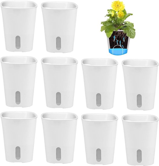 Set de 10 Pots de fleurs à réserve d'eau - Pots en plastique pour cactus - Mini Pots de fleurs avec système de mèche - Petits Pots de fleurs ronds Wit pour plantes d'intérieur