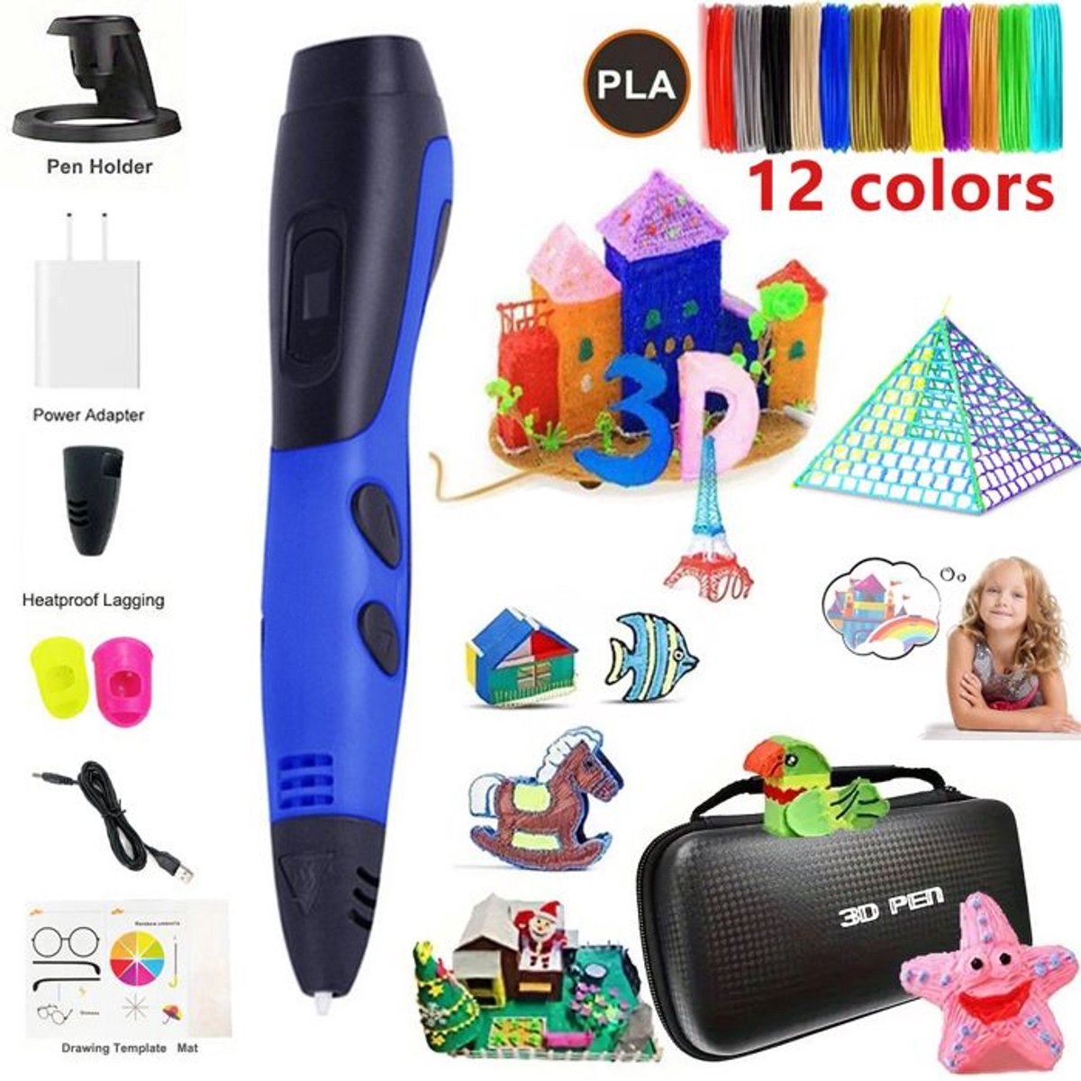 Image of 3D-printpen met 12 kleuren PLA-filamentondersteuning ABS/PLA-filament DIY-tekencadeau voor kinderen met LCD-scherm - Blauw