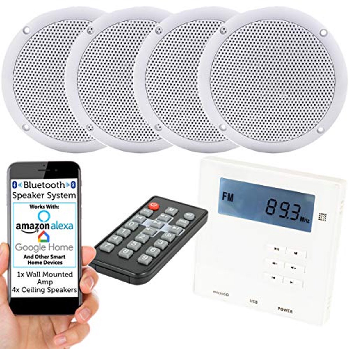 Draadloze Wandversterker met 4 Vochtbestendige Plafond Luidsprekers – Compact Home Audio Systeem