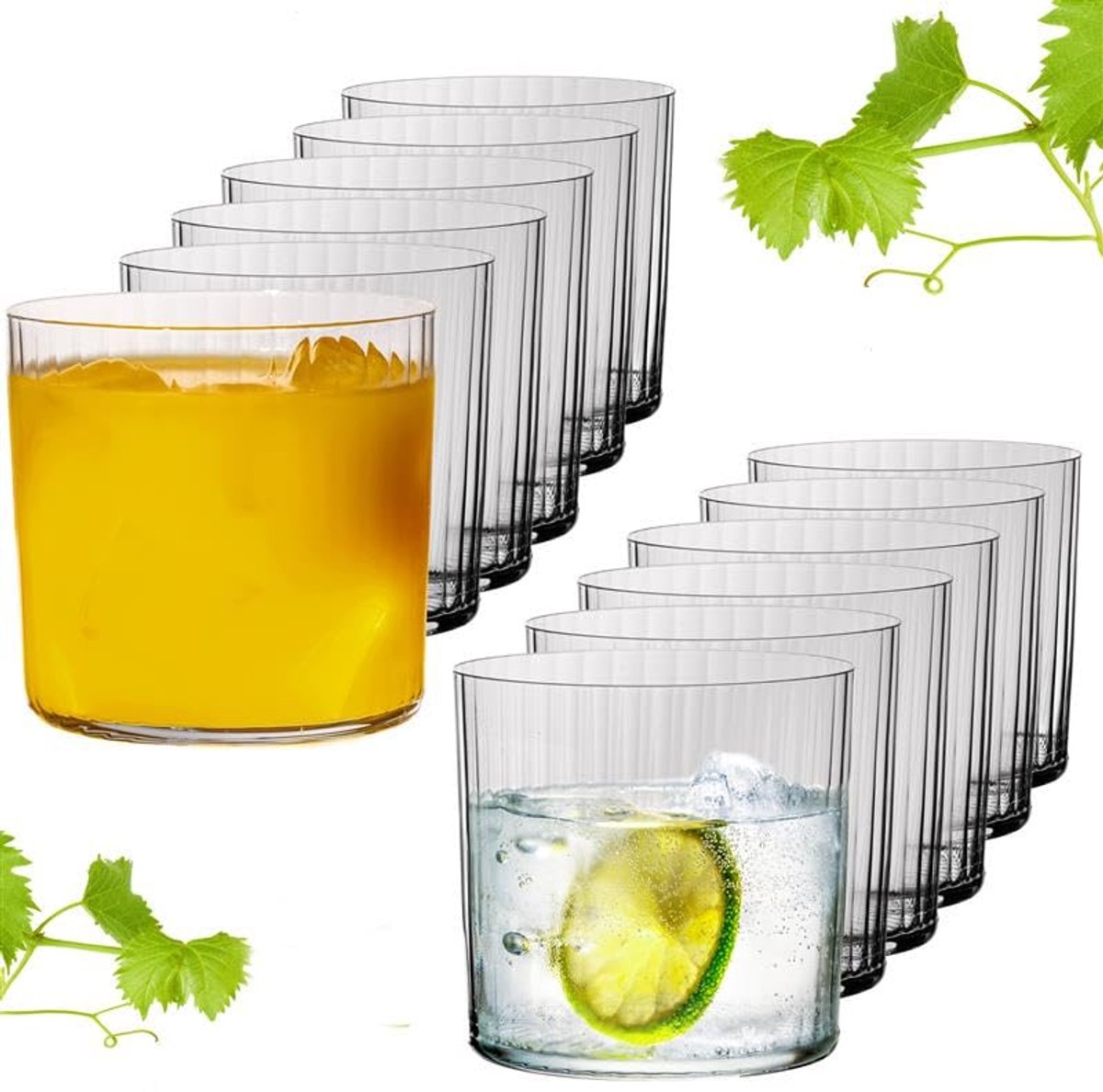 Set van 12 geribbelde drinkglazen 350 ml - Vaatwasserbestendig en van Kristalglas