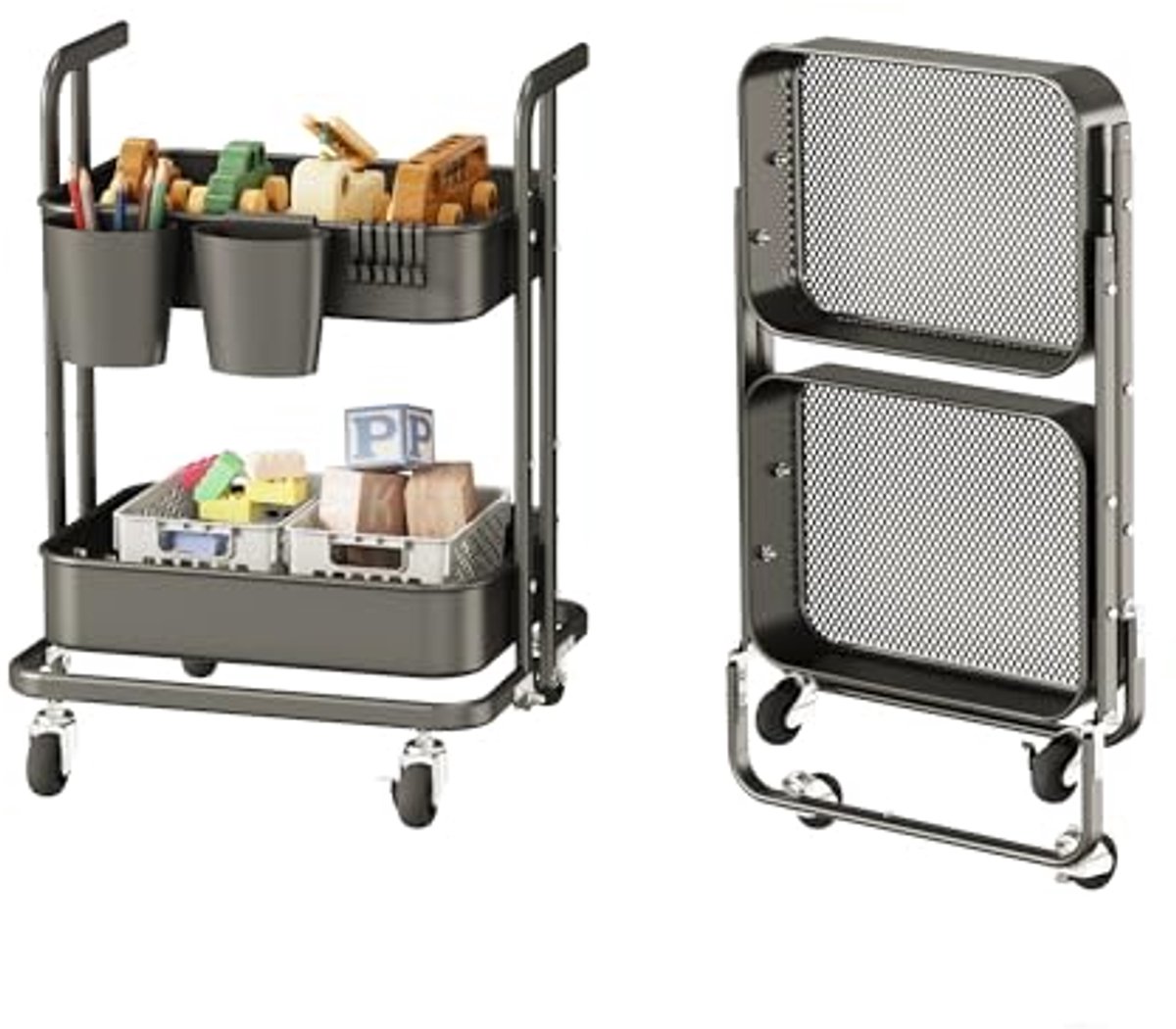 Opvouwbare Metalen Opbergwagen met 2 Niveaus en Wielen voor Keuken, Badkamer, en Kantoor