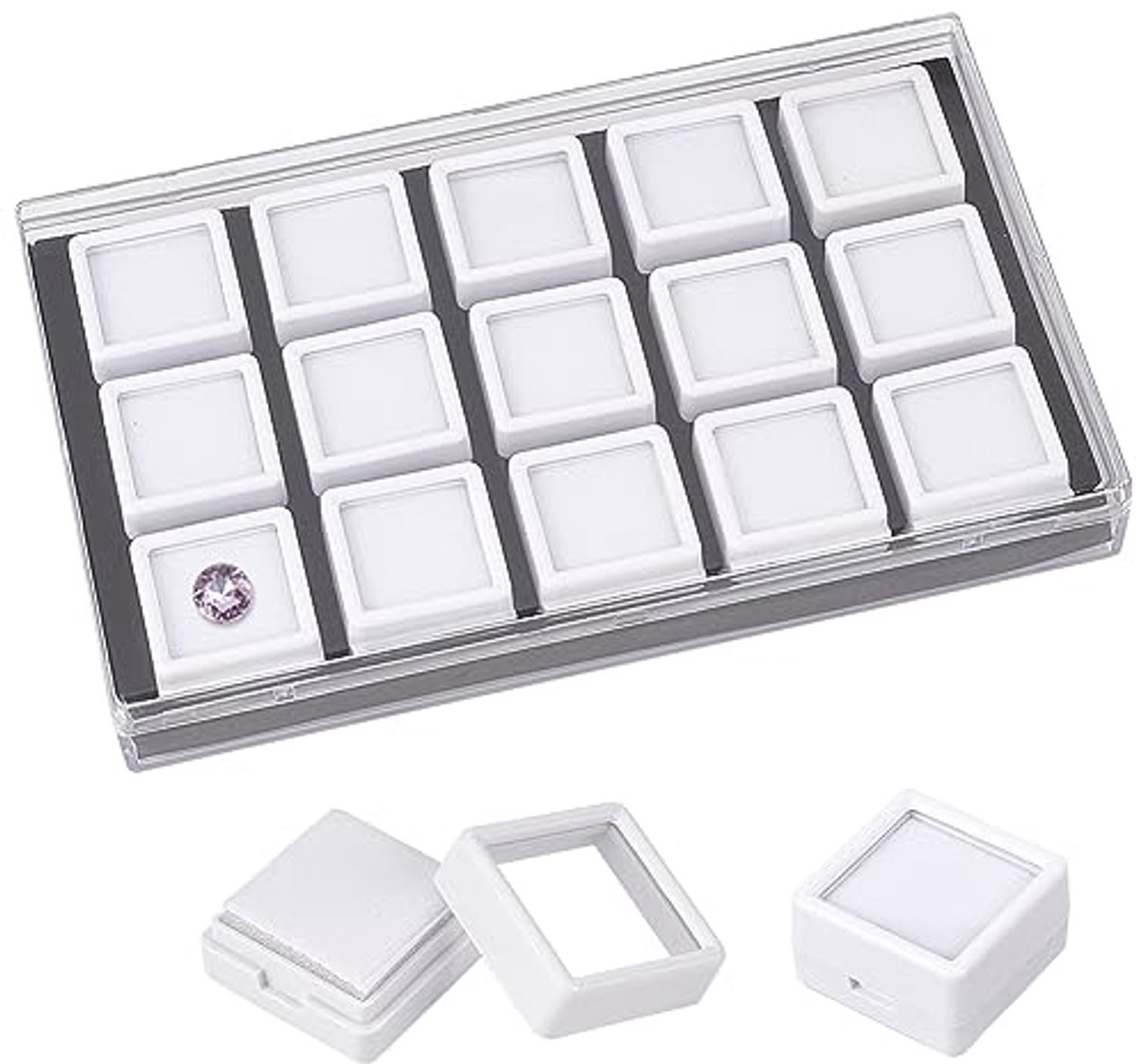 Pack van 15 edelstenen en sieradendoos met kijkvenster van transparant glas voor behandeling, edelstenen, munten