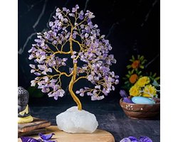 Amethist Edelsteen Feng Shui Geldboom met Natuurkwarts Basis Handgemaakte Bonsai Woondecoratie Ornament Chakra Helende Kristallen Levensboom Welvaart & Geluk Geschenk 300 Kralen 25-30 cm