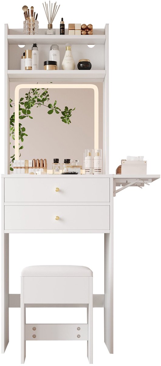 Merax Kaptafel met Verstelbare LED-Verlichting - Inclusief Krukje - Spiegel - 2 Lades en Open Opbergruimte - Wit - 75×45×156 cm