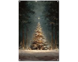 Tuinposter 80x120 cm - Tuindecoratie Kerstboom - Bos - Sneeuw - meerkleurig - Poster voor in de tuin - Buiten decoratie - Schutting tuinschilderij - Tuindoek muurdecoratie - Wanddecoratie balkondoek